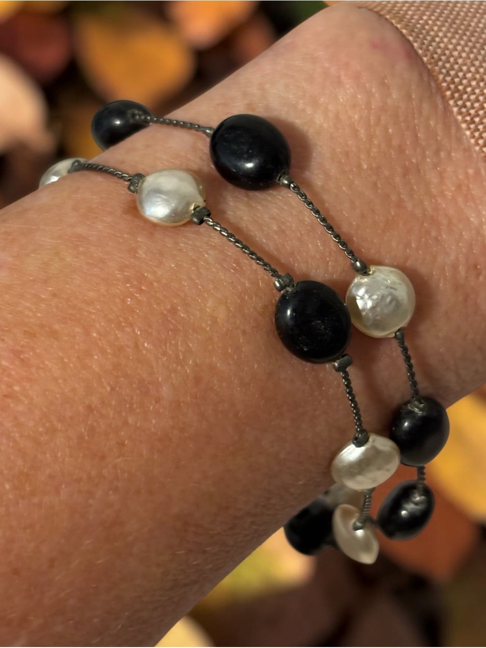 Premier Design Gunmetal Faux White Pearl & Black Bead Bracelet 7.5”+1”